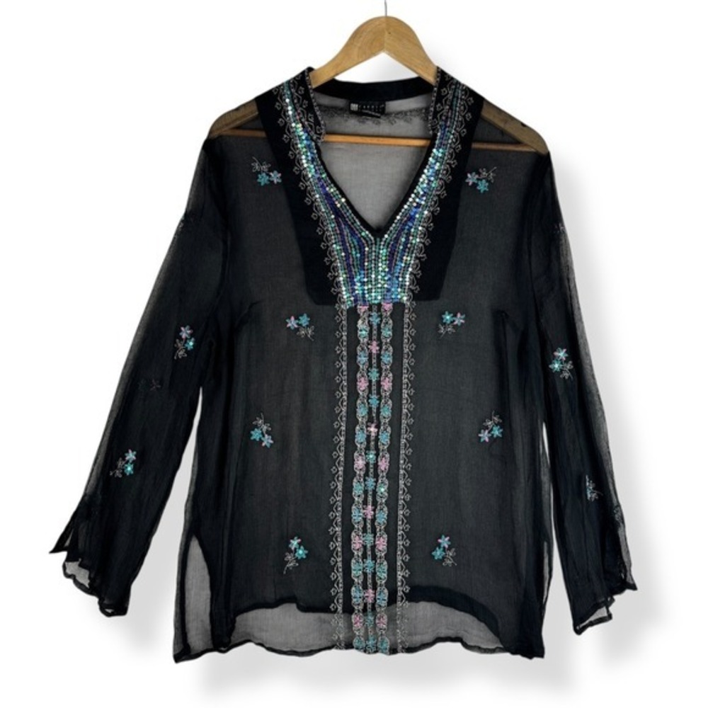 Carole Little Sheer 100% Silk Top Womens Size 1X‎ Embroidered Artsy Sequins Glam